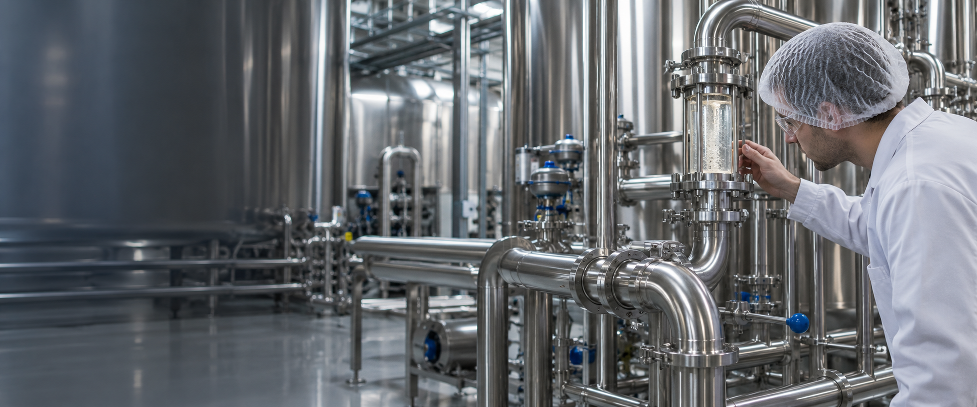 A pristine stainless steel food processing CIP installation with valves, curved pipework and a technician inspecting a sight glass at right, cool silver light